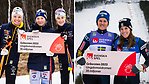 Alpin- och längdåkare som håller en check från Svenska Spel.